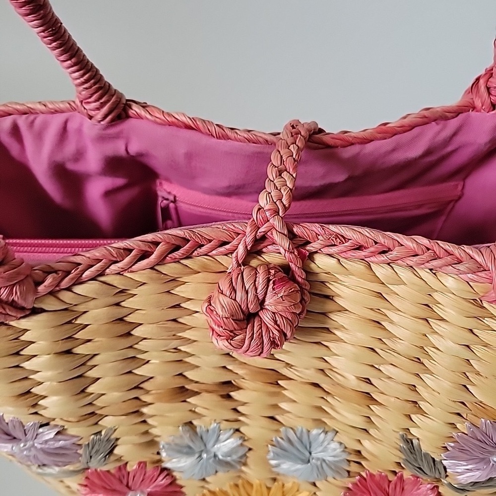 Vintage Handmade Floral Embroidered Straw Tote‎ Bag Beach Mod Resort Retro - Picture 3 of 16